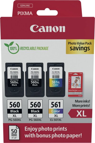 Multipack Tintenpatrone PGI-560XL / CL-561XL, 50 Blatt Fotopapier, für Canon Drucker, 1 x 14,3 ml, 2 x 12,2 ml, PGBK/C/M/Y