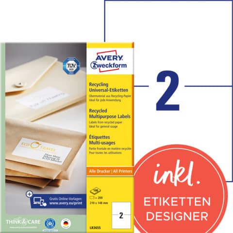 Recycling Universal-Etiketten, 210x148mm, 200 Stück, naturweiß AVERY ZWECKFORM LR3655