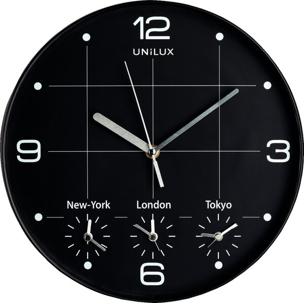 Wanduhr ON TIME, schwarz, Ø 30,5 cm, Quarzlaufwerk, 3 Zeiger (Stunde, Minute, Sekunde), weiße Ziffern und Zeiger auf schwarzem Grund, vier Zeitzonen (Berlin, New York, London, Tokyo)