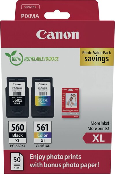 Multipack Tintenpatrone PGI-560XL / CL-561XL, 50 Blatt Fotopapier, für Canon Drucker, 1 x 14,3 ml, 1 x 12,2 ml, PGBK/C/M/Y