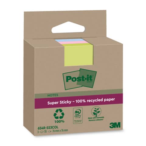Haftnotizblock Super Sticky Recycling Notes, 76x76mm, 3x70 Blatt, sortiert POST-IT 654 RSS3COL