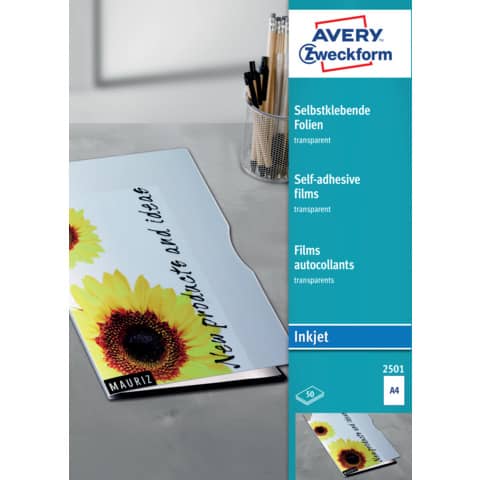 Transparente, selbstklebende Folien, A4, einseitig beschichtet, 50 Blatt AVERY ZWECKFORM 2501