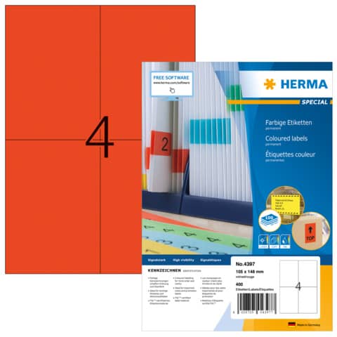Etiketten permanent, 105x48mm, 400 Stück, rot HERMA 4397