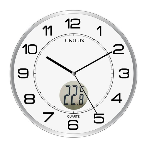 Wanduhr TEMPUS, silber, Ø 30,5 cm, 3 Zeiger (Stunde, Minute, Sekunde), schwarze Ziffern und Zeiger auf weißem Grund, mit Thermometer LCD-Anzeige