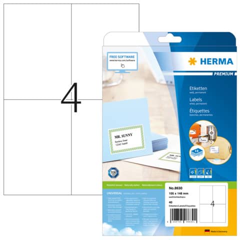 Etiketten Premium permanent, 105x148mm, 40 Stück, weiß HERMA 8630