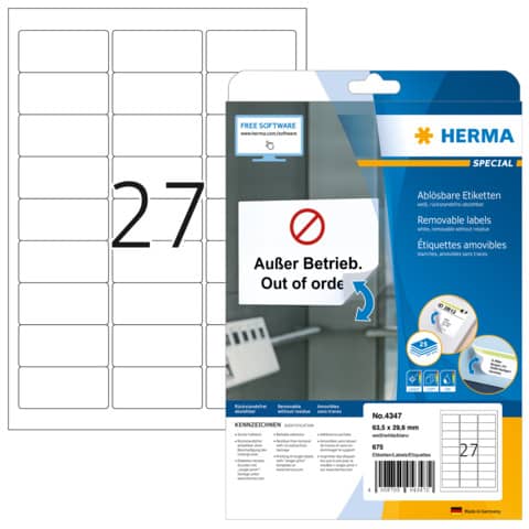 Etiketten ablösbar, 63,5x29,6mm, 675 Stück, weiß HERMA 4347