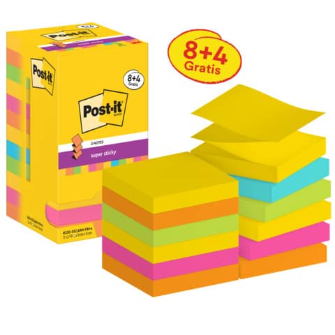 Haftnotizblock Super Sticky Z-Notes Promotion Carnival Collection, 76 x 76 mm, 12 x 90 Blatt POST-IT R330SSCARN-P8+4
