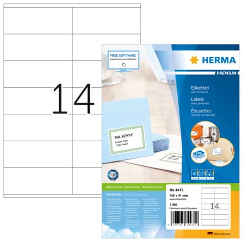 Etiketten Premium permanent, 105x41mm, 1400 Stück, weiß HERMA 4475
