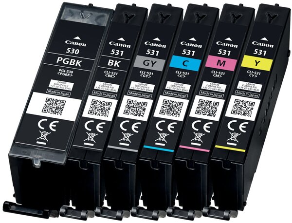 Tintenpatrone Multipack PGI-530 und CLI-531 plus Papier, für Canon Drucker, 1 x 18,5 ml,  5 x 8,5 ml, fotoschwarz, schwarz, cyan, magenta, gelb, grau