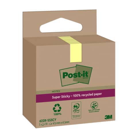 Haftnotizblock Super Sticky Recycling Notes aus 100% recyceltem Papier, 47,6 x 47,6 mm, gelb, 3 x 70 Blatt POST-IT 622 RSS3CY