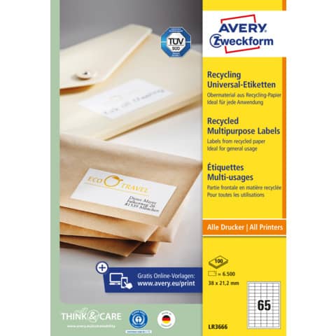 Recycling Universal-Etiketten, 38x21,2mm, 6500 Stück, naturweiß AVERY ZWECKFORM LR3666