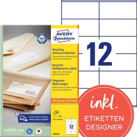 Recycling Universal-Etiketten, 105x48mm, 1200 Stück, naturweiß AVERY ZWECKFORM LR3424