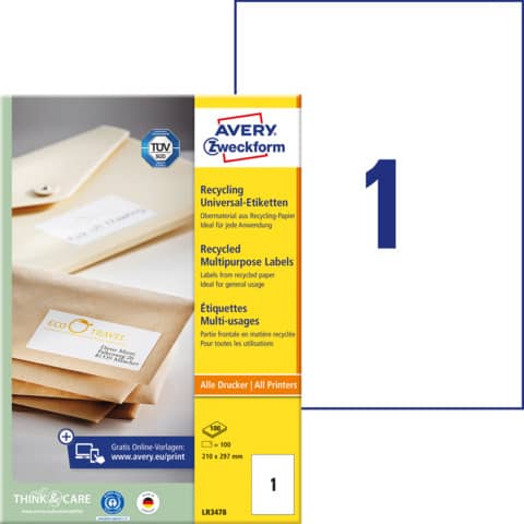 Recycling Universal-Etiketten, 210x297mm, 100 Stück, naturweiß AVERY ZWECKFORM LR3478