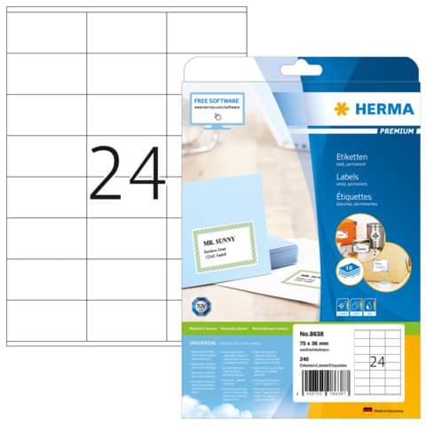 Etiketten Premium permanent, 70x36mm, 240 Stück, weiß HERMA 8638