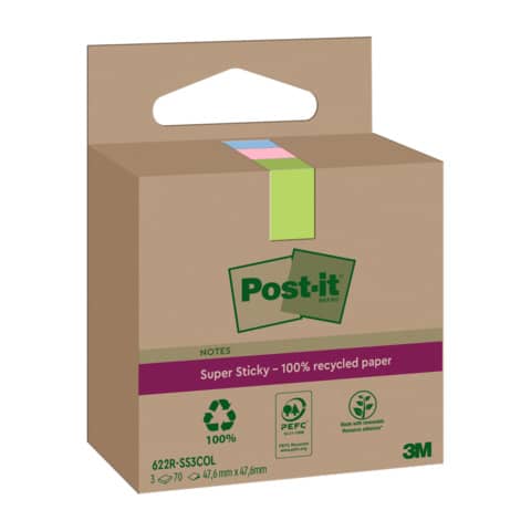 Haftnotizblock Super Sticky Recycling Notes, 47,6 x 47,6 mm, sortiert, 3 x 70 Blatt POST-IT 622 RSS3COL