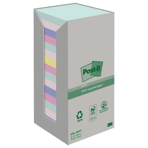 Haftnotizblock Super Sticky Recycling Notes, 76x76mm, 16x100 Blatt, sortiert POST-IT 654-1RPT