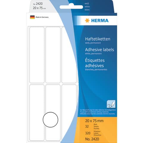 Etiketten permanent, 20x75mm, 320 Stück, weiß HERMA 2420