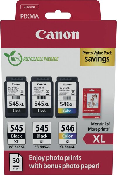 Multipack Tintenpatrone 2 x PG-545 / 1 x CL-546 plus Papier, für Canon Drucker, 2x 400 / 1 x 300 Seiten, BK/C/M/Y