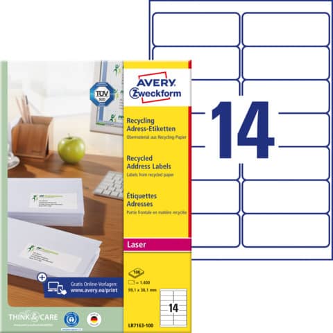 Recycling Adress-Etiketten, 99,1x38,1mm, 1400 Stück, naturweiß AVERY ZWECKFORM LR7163-100
