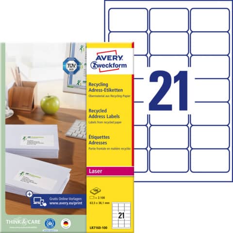 Recycling Adress-Etiketten, 63,5x38,1mm, 2100 Stück, naturweiß AVERY ZWECKFORM LR7160-100